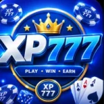 XP777 game blue logo featuring glowing 3D XP777 text with gold crown, poker chips, dice, and playing cards on a premium blue background.