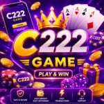 C222 Game colorful promotional banner with gold crown, casino chips, coins, dice, playing cards, and mobile app design in purple.