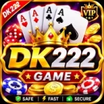 DK222 Game logo with gold crown, playing cards, poker chips, and coins for Android gaming app 2026