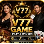 V77 Game golden casino banner featuring poker chips, cards, and roulette wheel